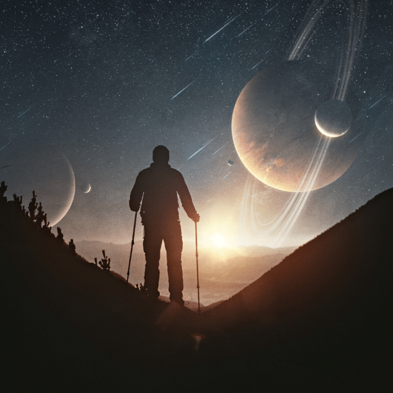 man with hiking poles walking through nature with a blue starry sky filled with planets in front of him