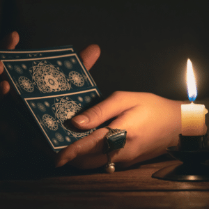 pair of hands with a green emerald ring shuffling blue tarot cards