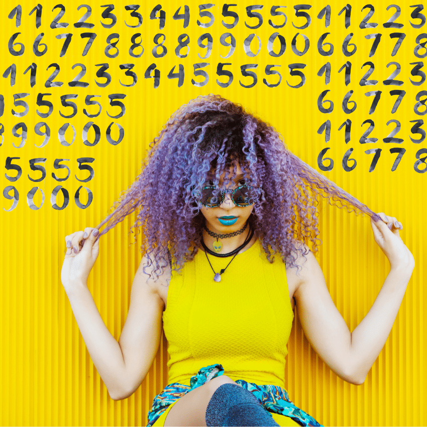 woman with funky purple hair, sunglasses, and a yellow shirt, against a yellow background covered with numbers
