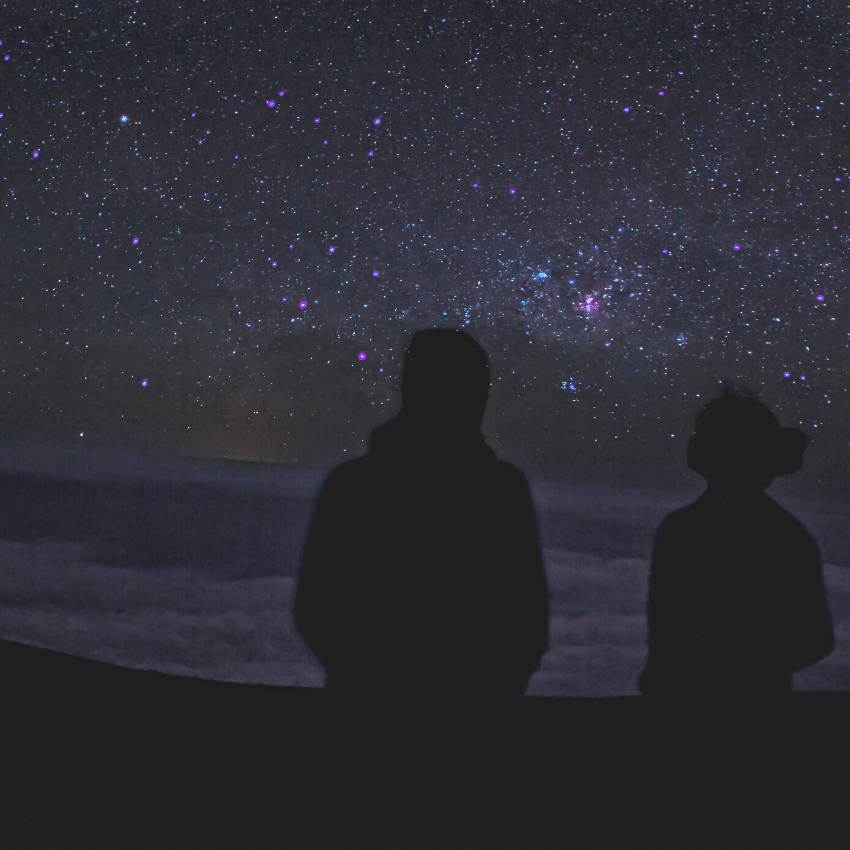 two silhouettes starring at a dark purple starry sky