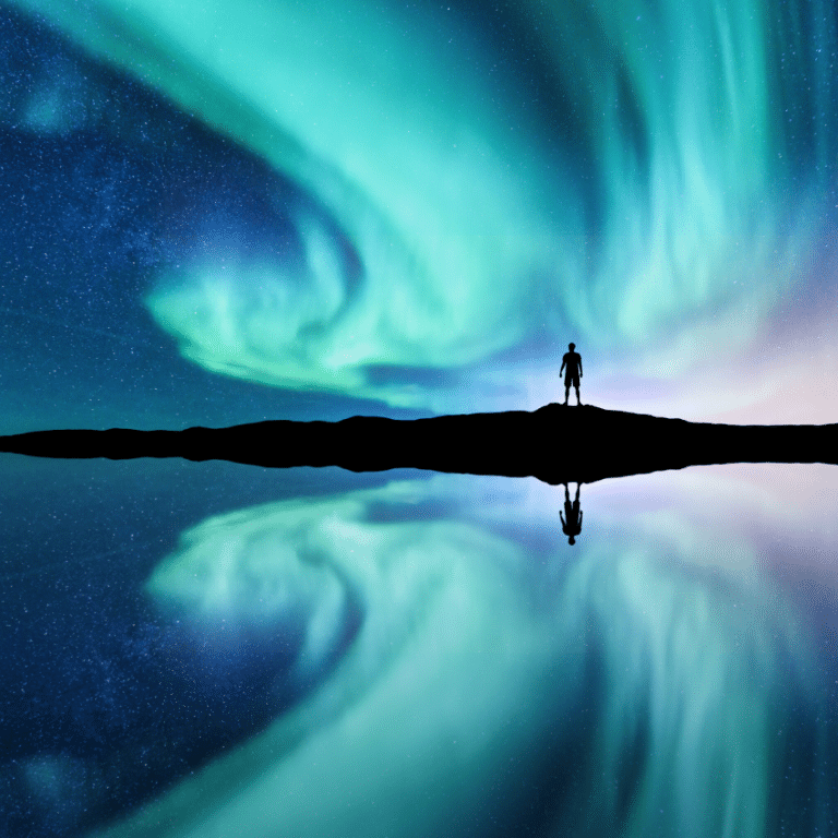 person standing on a hill on a lake with the northern lights in full view