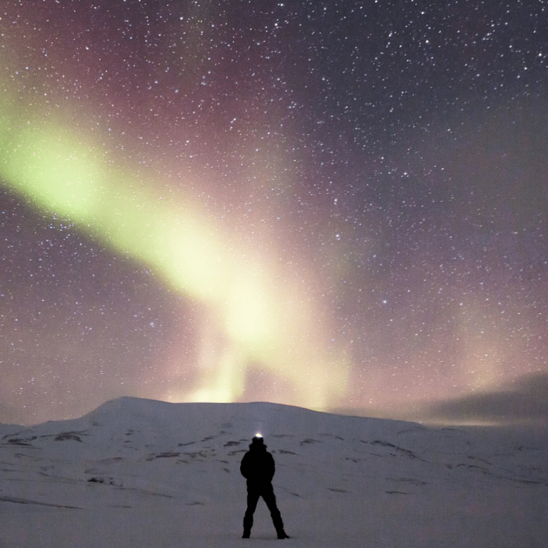 man outside in the snow gazing above a hill viewing the northern lights in a pink starry sky