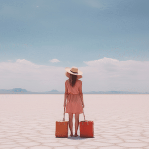 woman standing in a desert with two suitcases by her side