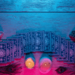blue tarot cards spread across a wooden table with candles