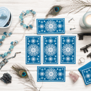 blue tarot cards spread out on a white wooden table adorned with feathers and crystals