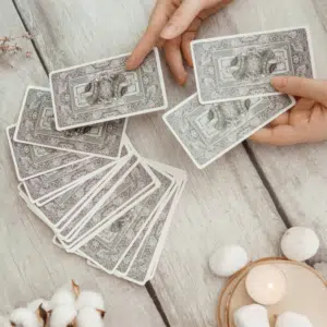 pair of hands dealing out white tarot cards