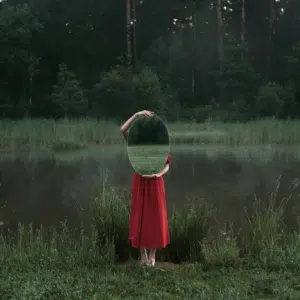 A person wearing a red dress stands in a green field and holds a mirror, reflecting the field.