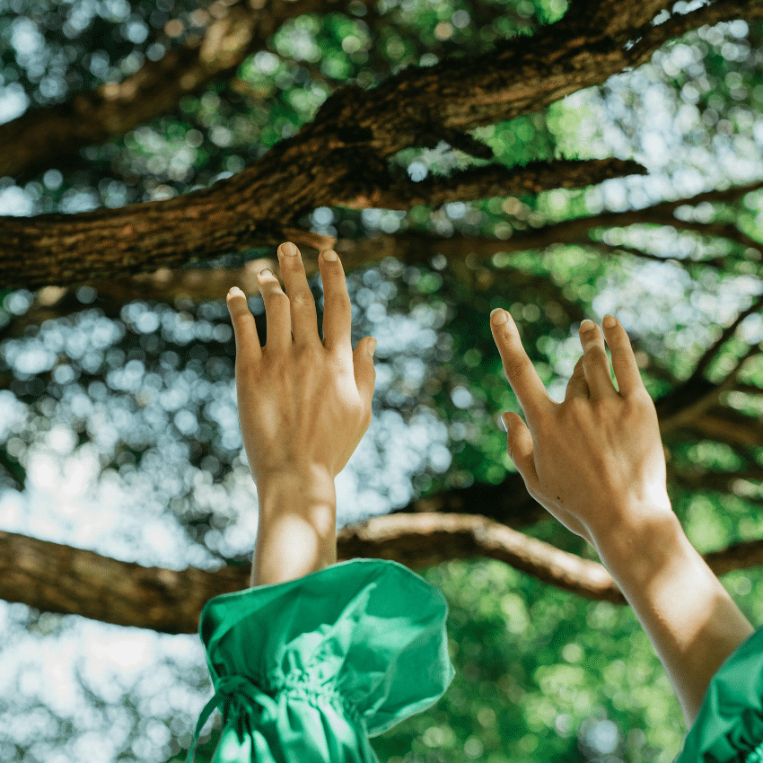 A woman wearing a green dress reach their hands into the air. There is a tree with green leaves in the background.