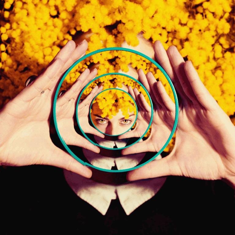 A woman in a mirror is shown with multiple mirrors, showing many different reflections.