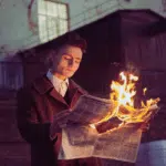 A person wearing a brown jacket holds a newspaper that is on fire.