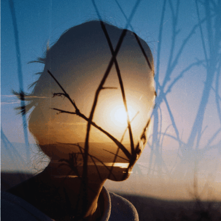 The outline of a woman's face in a sunset.
