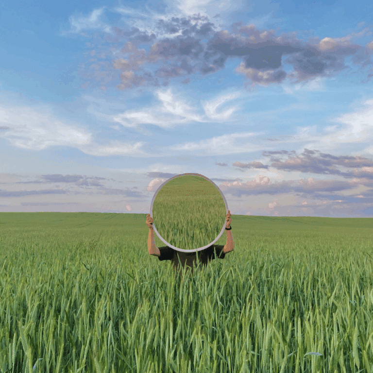 A person holds up a circular mirror in a field, reflecting a field of tall, green grass back.