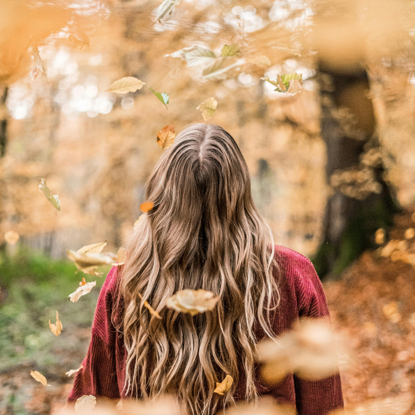 A woman faces a forest of trees with orange leaves, falling around her.