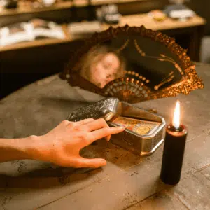 A hand touches a deck of Tarot cards that is next to a lit lighter. A woman's reflection in a fan-shaped mirror is visible above the hand.