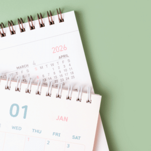 A flat lay of a 2026 calendar showing the month of January.