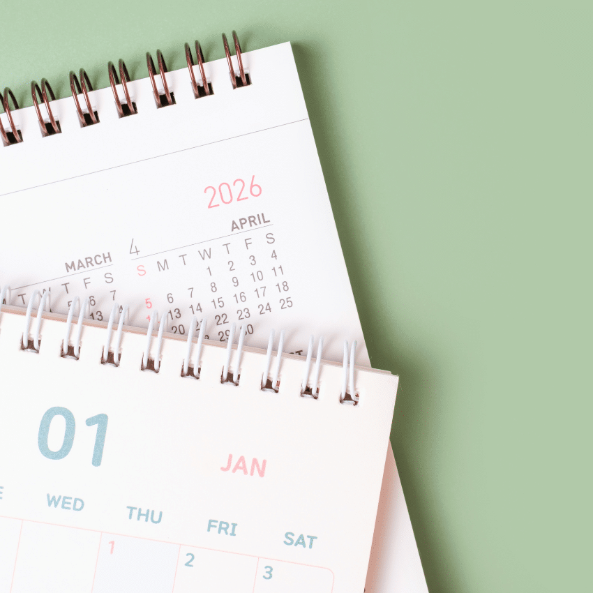 A flat lay of a 2026 calendar showing the month of January.