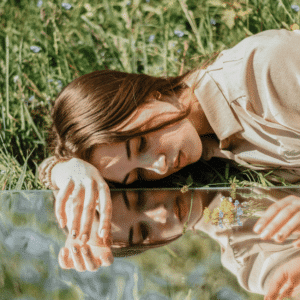 A brunette woman lays down in grass on a mirror, her reflection showing back at her.